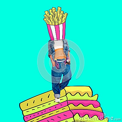 Contemporary art collage. Fast food mood. Funny Fast food minimal project Stock Photo