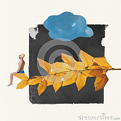 Contemporary art collage. Funny surreal design with young man in swimming cap sitting on tree branch with yellow leaves Stock Photo