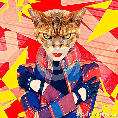 Contemporary art collage. Funny zine design. Cat and human metamorphosis. Retro style trends Stock Photo