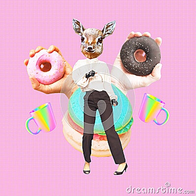 Contemporary art collage. Funny zine design. Cute Lama office manager and break time. But first coffee and donuts concept Stock Photo