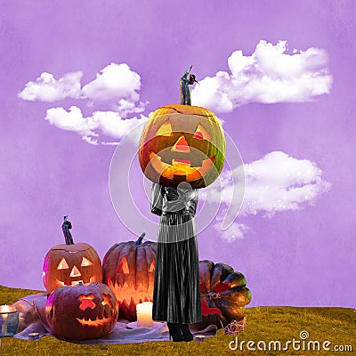 Contemporary art collage. Halloween theme. Woman headed of glowing pumpkin over purple background. Ideas, inspiration Stock Photo