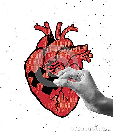 Contemporary art collage. Human hands and drawn red human heart over light background. Concept of care, health, medicine Stock Photo