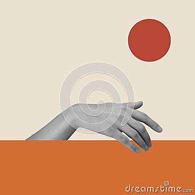 Contemporary art collage with human palm in a minimalist style for posters, banners, wallpaper. Modern creative vogue Stock Photo