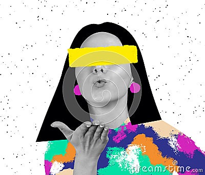 Contemporary art collage. Inspiration, idea, trendy urban magazine style. Young happy girl with digital bright drawings Stock Photo