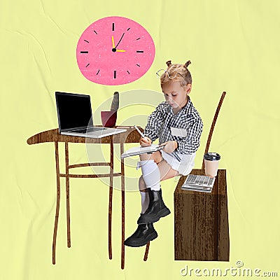 Contemporary art collage. Little girl, child pretending to be adul, worker isolated over yellow background Stock Photo