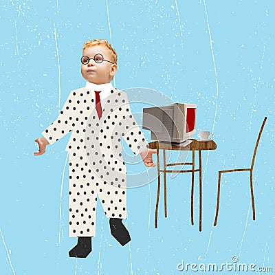 Contemporary art collage. Little playful boy, child in character of professor isolated over blue background Stock Photo