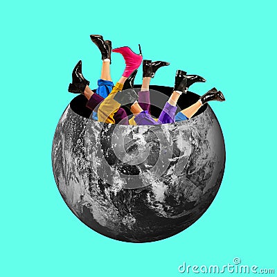 Contemporary art collage. Male and female legs sticking out from grey lifeless planet. Concept of saving nature. Stock Photo