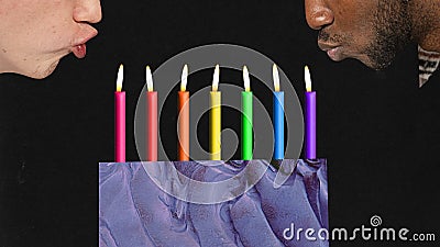 Contemporary art collage. Male lips blowing to rainbow colored burning candles in cake. LGBTQ support. Human rights Stock Photo