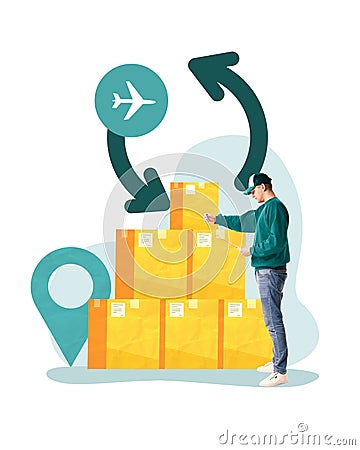 Contemporary art collage. Man with checking list verifying packages with airplane and recycling symbols, location pin Stock Photo