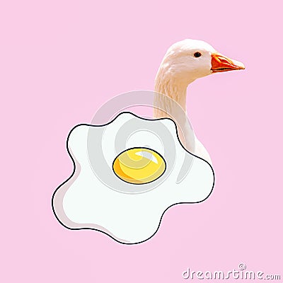 Scrambled eggs goose. Contemporary art collage. Funny Fast food minimal project Stock Photo