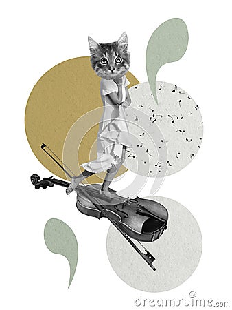 Contemporary art collage, modern design. Retro style. Cute cat with female body standing on giant violin on pastel color Stock Photo