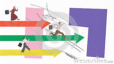 Contemporary art collage. Motivated employees running forward to personal target. Concept of teamwork, success, business Stock Photo