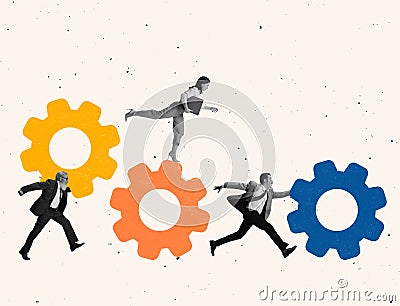 Contemporary art collage of people, employee connecting mechanism symbolizing team work Stock Photo