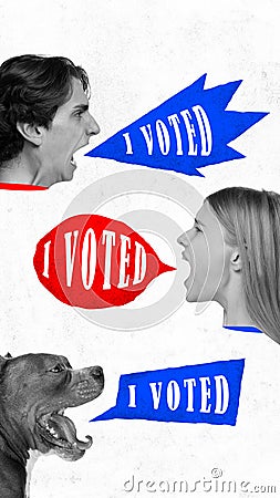 Contemporary art collage. people and one dog loudly shouting in speech bubbles that they already voted. Concept of Stock Photo