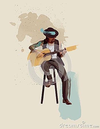 Contemporary art collage. Portrait of stylish man, rock musician playing guitar, performing. Pastel drawings Stock Photo