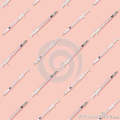 Contemporary art collage. Small long injection syringes with needles arranged in even rows over pastel pink background. Stock Photo