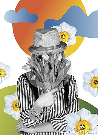 Contemporary art collage. Stylish girl`s bouquet covers her face, around gradient abstract shapes and flowers. Postcard for the Stock Photo