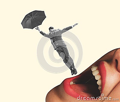 Contemporary art collage. Stylish man flying with umbrella.Female mouth talking. Infromation Stock Photo