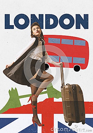 Contemporary art collage. Stylish young girl with suitcase visiting london. Famous landmarks of city on background Stock Photo