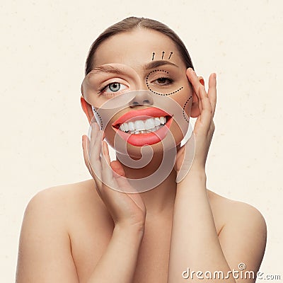 Contemporary art collage. Tender young woman doing beauty injections with hyaluronic acid fillers Stock Photo