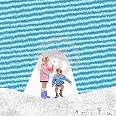 Contemporary art collage with two charming kids strolling with umbrella. Concept of spring time, happy mood, childhood Stock Photo