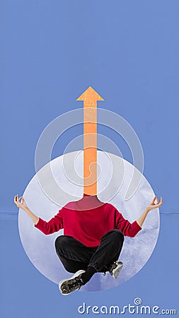 Contemporary art collage with woman with huge drawn arrow instead head sitting in lotus position. Concept of self Stock Photo