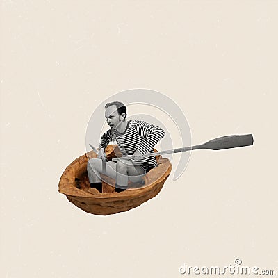 Contemporary art collage. Young man sailing on boat made from nutshell. FUnny and creative design Stock Photo