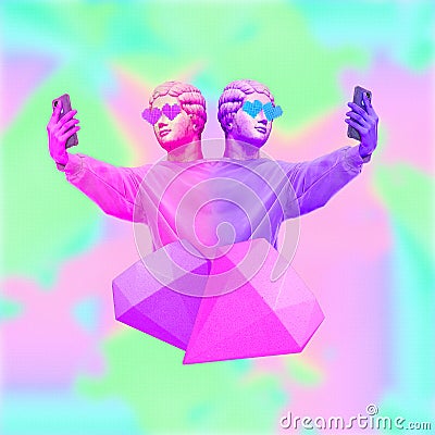 Contemporary art concept collage. Antique statue head and human body. Male selfie lover. Zine and vapor wave culture vibes Stock Photo