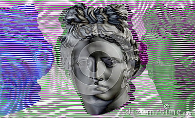 Contemporary art concept collage with antique statue head in a zine culture style. Glitch effect, textured. Stock Photo