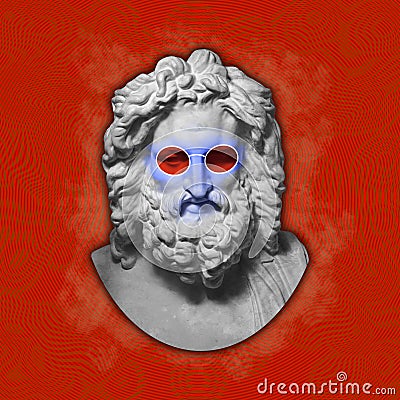 Contemporary art concept collage with antique statue head in a zine culture style. Male beard face with glasses. Editorial Stock Photo
