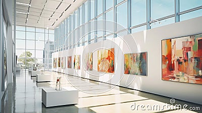 Contemporary art gallery with beautiful bright modern paintings displayed on minimalist white walls. Sunlight penetrates in Stock Photo