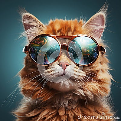contemporary art with playful illustration, where a multi-colored cat in sunglasses brings a burst of fun. Ai generated Cartoon Illustration