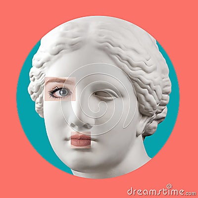Contemporary art poster with ancient statue of Venus head and details of a living woman`s face. Stock Photo