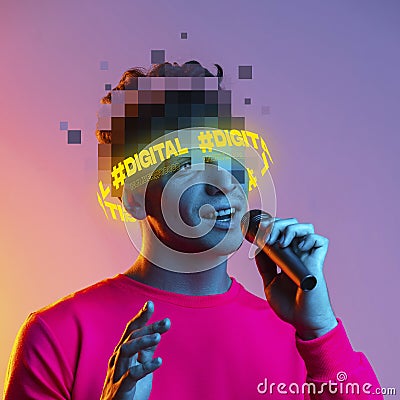 Contemporary design. Young man with pixel head elements singing in microphone isolated over gradient purple background Stock Photo