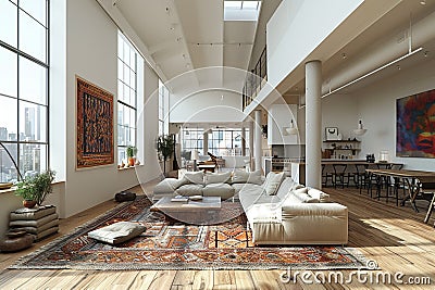 Contemporary artist loft with skylights and an open floor plan3D render Stock Photo