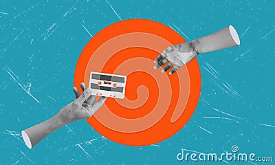 Contemporary artistic collage depicting a hand holding a vintage audio cassette Stock Photo