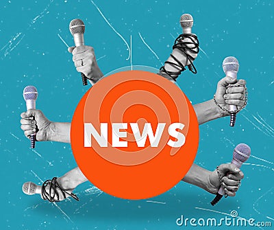 Contemporary artistic collage, hands with microphones symbolizing global news Stock Photo