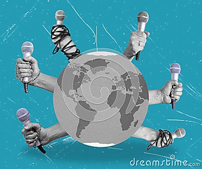 Contemporary artistic collage, hands with microphones symbolizing global news Stock Photo