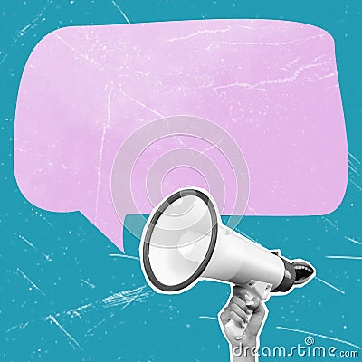 Contemporary artistic piece featuring a megaphone with a message bubble and space for text Stock Photo