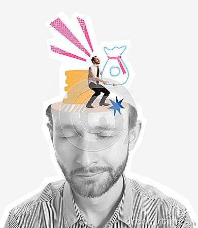Contemporary artwork. Black and white portrait of calm man having colorful dream of becoming rich, carrying money. Stock Photo