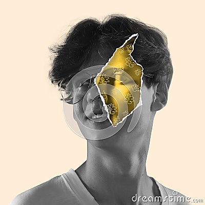 Contemporary artwork with portrait of happy man with effect of torn skin and insertion of part of face of plaster statue Stock Photo