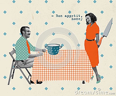 Contemporary art collage. Creative design in retro style. Beautiful woman standing with knife behind back and man eating Stock Photo