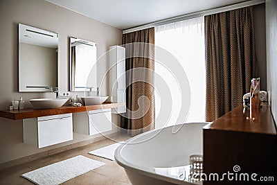 Contemporary bathroom interior, great design. Modern bathroom interior. Nobody inside. Wood texture. Stock Photo