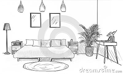 Contemporary bedroom with furniture. Illustrated interior design Stock Photo