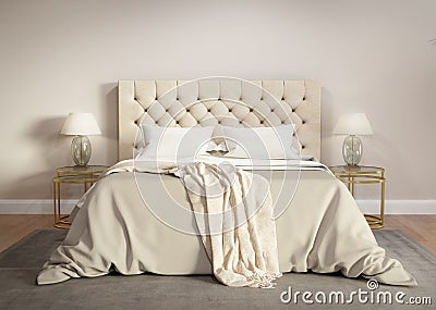 Contemporary beige bedroom with grey rug Stock Photo