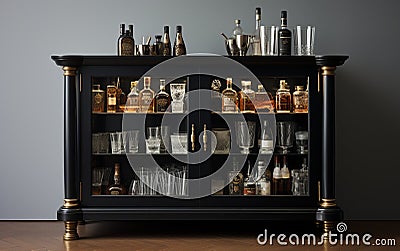 Contemporary Black Bar Cabinet on White -Generative Ai Stock Photo