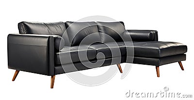 Contemporary black leather sectional sofa with a chaise and round bolsters on angled wooden legs, isolated against a Stock Photo