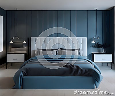 Contemporary Bliss: Blue and Black Bedroom Interior Design Delight Stock Photo