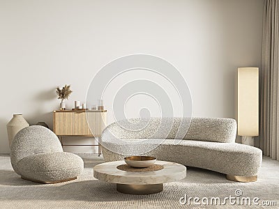 Contemporary classic white beige interior with furniture and decor. 3d render illustration mockup. Stock Photo