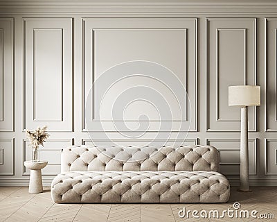 Contemporary classic white beige interior with moldings sofa and decor. Cartoon Illustration